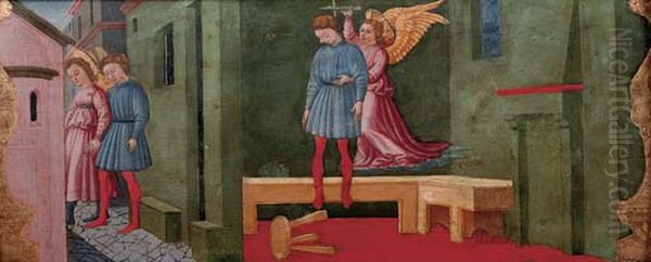 The Archangel Raphael leading two Dominican friars in a coastal landscape Oil Painting by Neri di Bicciand workshop