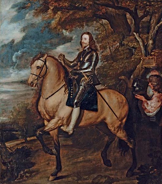 Equestrian portrait of King Charles I, full-length, in armour on a dun horse, a baton in his right hand, wearing the Order of the Garter, followed by an equerry carrying his helmet Oil Painting by Sir Anthony Van Dyck