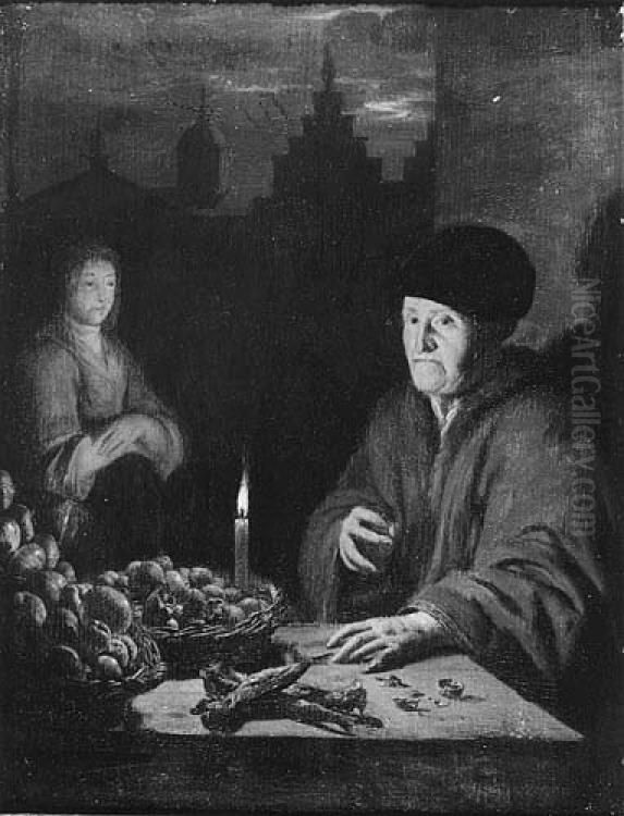 Vegetable seller in candlelight Oil Painting by Gerrit Dou