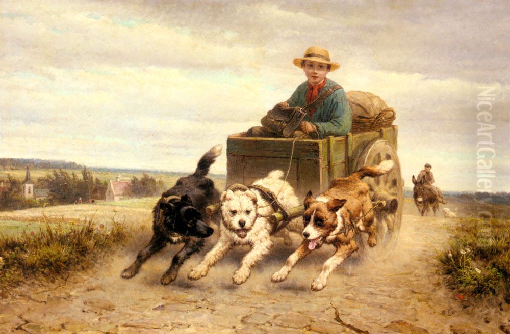 A Cart Pulled by Three Dogs Oil Painting by Henriette Ronner-Knip