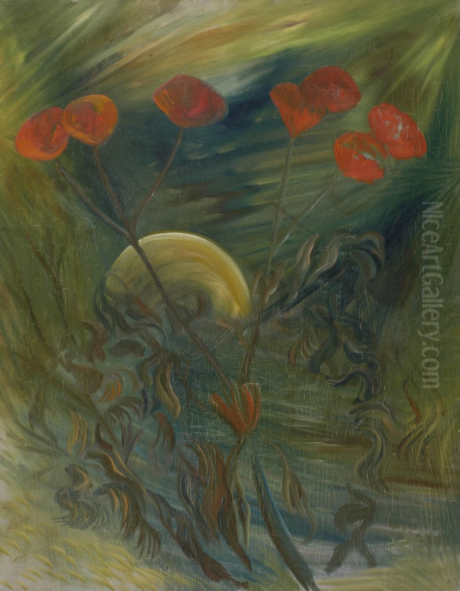 Rode bloemen (papavers?) bij maanlicht Oil Painting by Karel Albert Schmidt