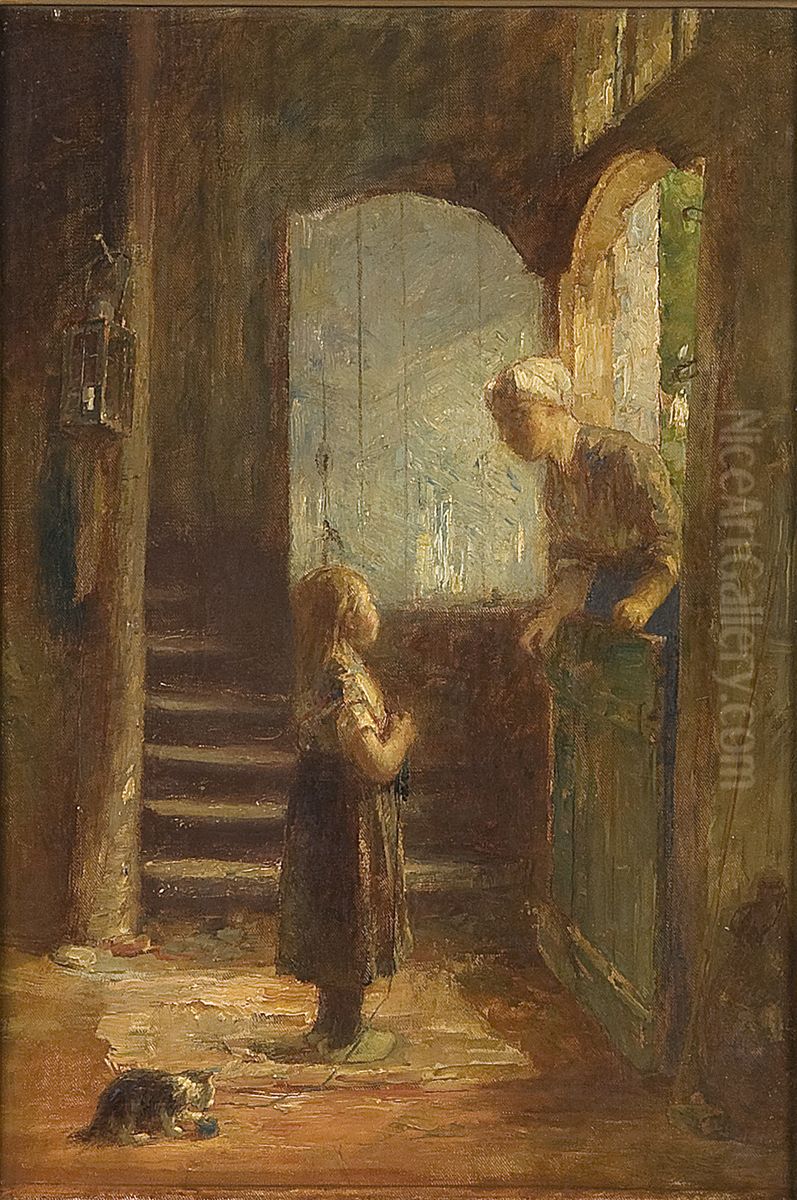 Interieur met meisje en een vrouw leunend over een onderdeur Oil Painting by Henricus Johannes Melis