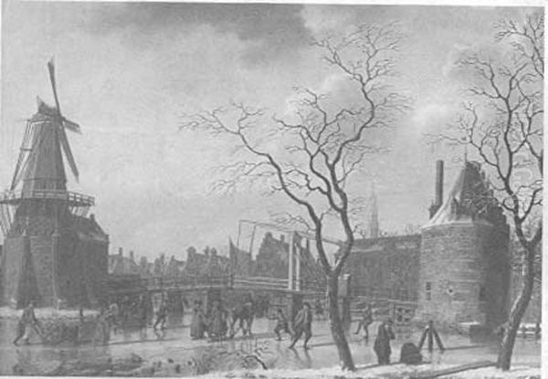 Winters gezicht op de Catharijnebrug te Haarlem Oil Painting by Isaac Ouwater