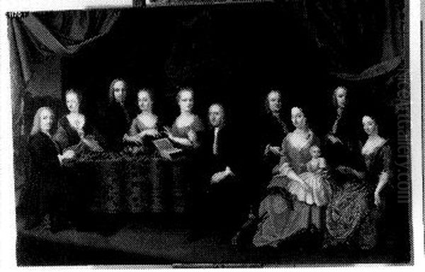 Familieportret van de familie Scheurleer: Elf familieleden in een Louis XIV fantasie-interieur. (1694-1772) en zijn echtgenote Margaretha Wetstein (1684-1758), Floris (1692-1755) en zijn echtgenote Co Oil Painting by Augustinus Terwesten