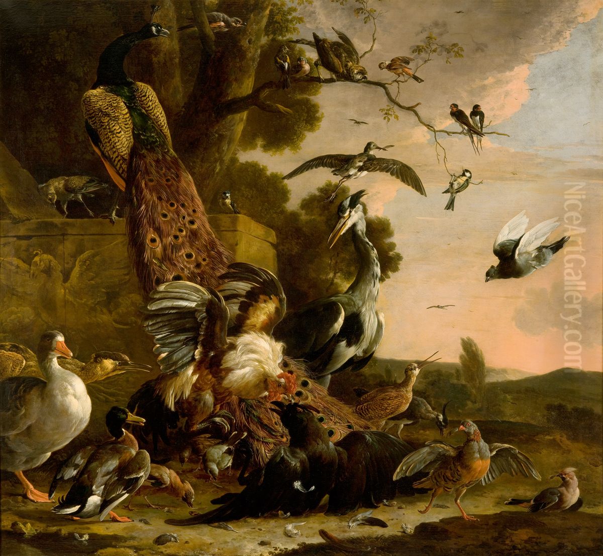 De raaf wordt beroofd van de veren waarmee hij zich had getooid Oil Painting by Melchior D'Hondecoeter