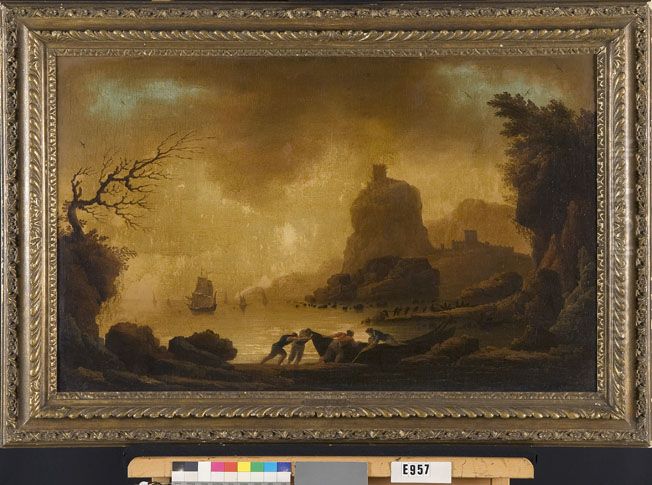 Rocky coast with sailors pushing a boat ashore Oil Painting by Joseph Vernet