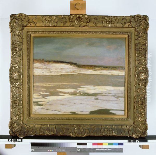 Rivier met ijsschotsen bij zonsondergang Oil Painting by Louis Willem Van Soest