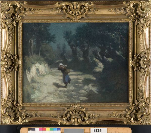 Boerenmeisje op een pad bij maanlicht Oil Painting by Edouard Rosset-Granger