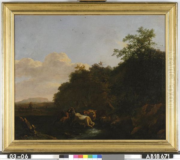 Landscape with a bull breaking loose Oil Painting by Abraham Begeyn