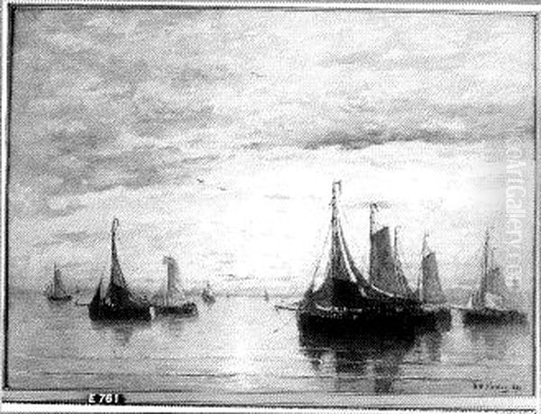 Vissersschepen op een rustige zee bij zonsondergang Oil Painting by Hendrik Willem Mesdag