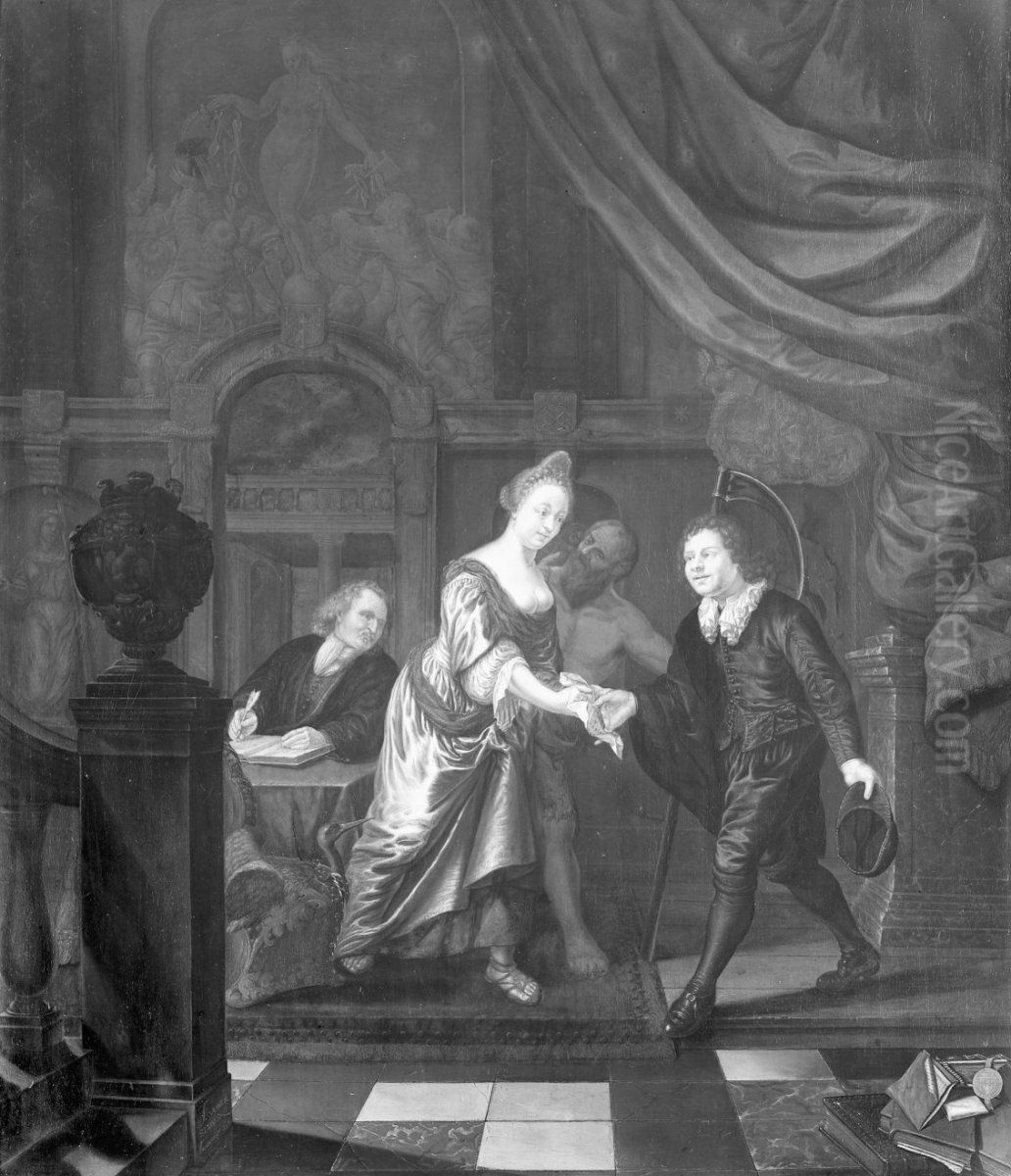 Allegorie op het vertrek van de schilder uit het weeshuis Oil Painting by Jacob van der Sluys