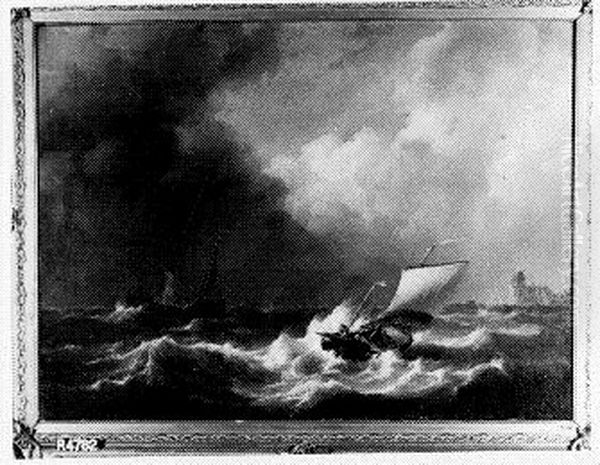 Zeilboten voor de kust Oil Painting by Johannes Christiaan Schotel