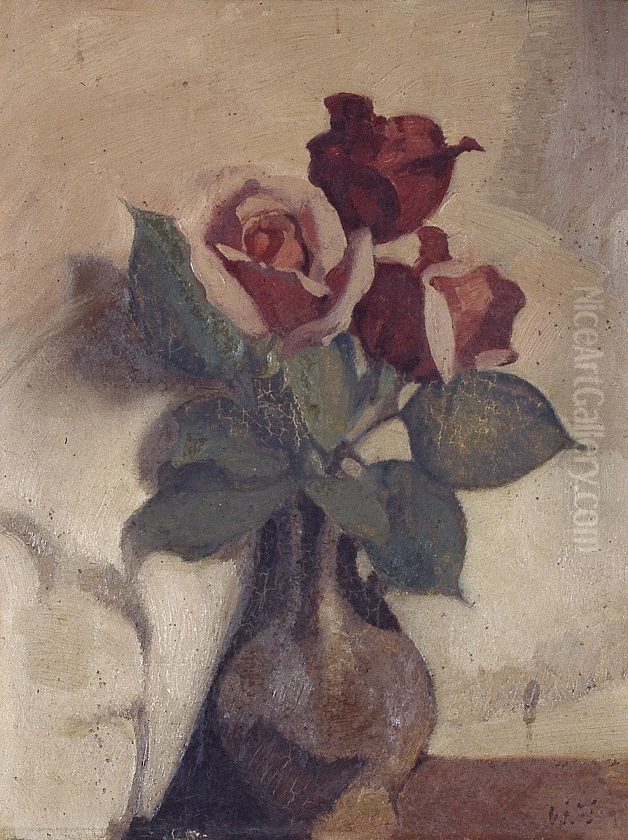 Rozen in Baardman vaasje licht rose fond Oil Painting by Willem Witsen