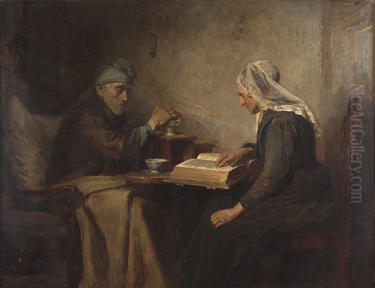 Interieur met oude man en een vrouw die de bijbel leest Oil Painting by Henricus Johannes Melis