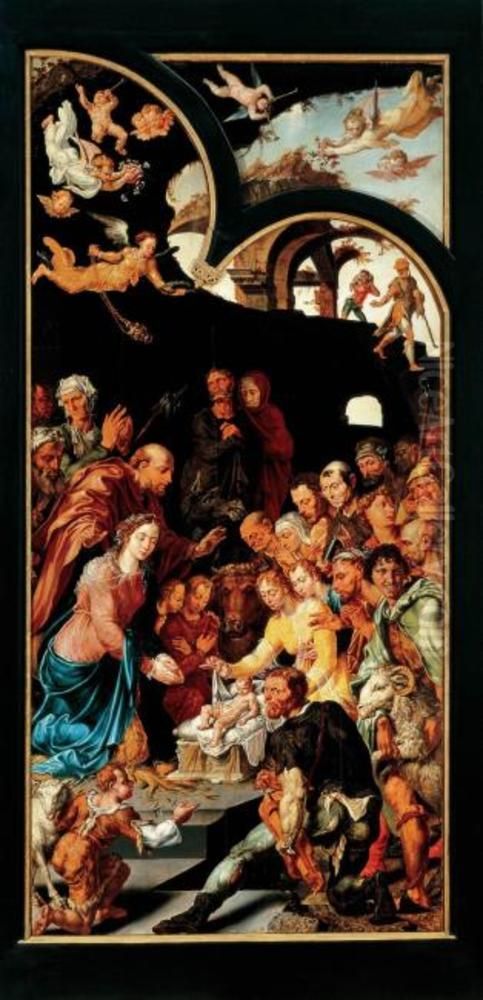De aanbidding van de herders (Drapeniersaltaar) Oil Painting by Maarten Van Heemskerck