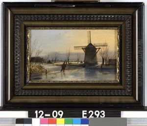 Wintertafereel met windmolen en schaatser