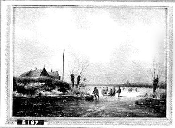 Winterlandschap met schaatsers Oil Painting by Andreas Schelfhout