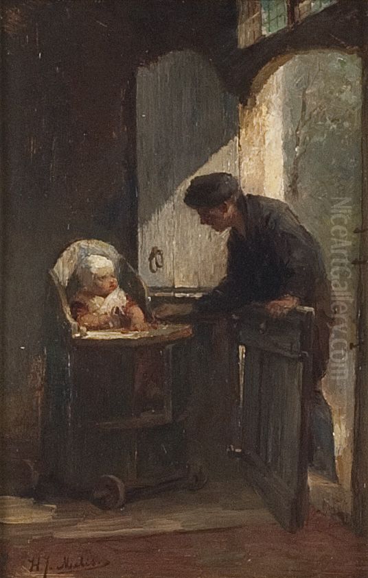 Interieur met man en een kind in een kinderstoel Oil Painting by Henricus Johannes Melis