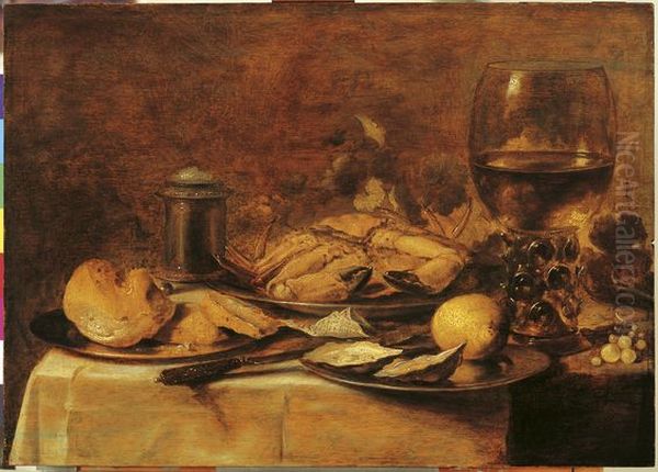 Stilleven met krab, oesters en roemer Oil Painting by Pieter Claesz