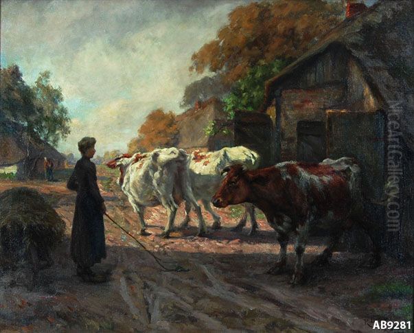 Koeien verlaten de stal Oil Painting by Roland Larij