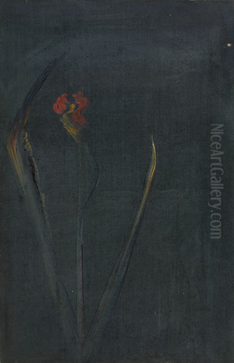 Rode bloem op groene achtergrond Oil Painting by Karel Albert Schmidt