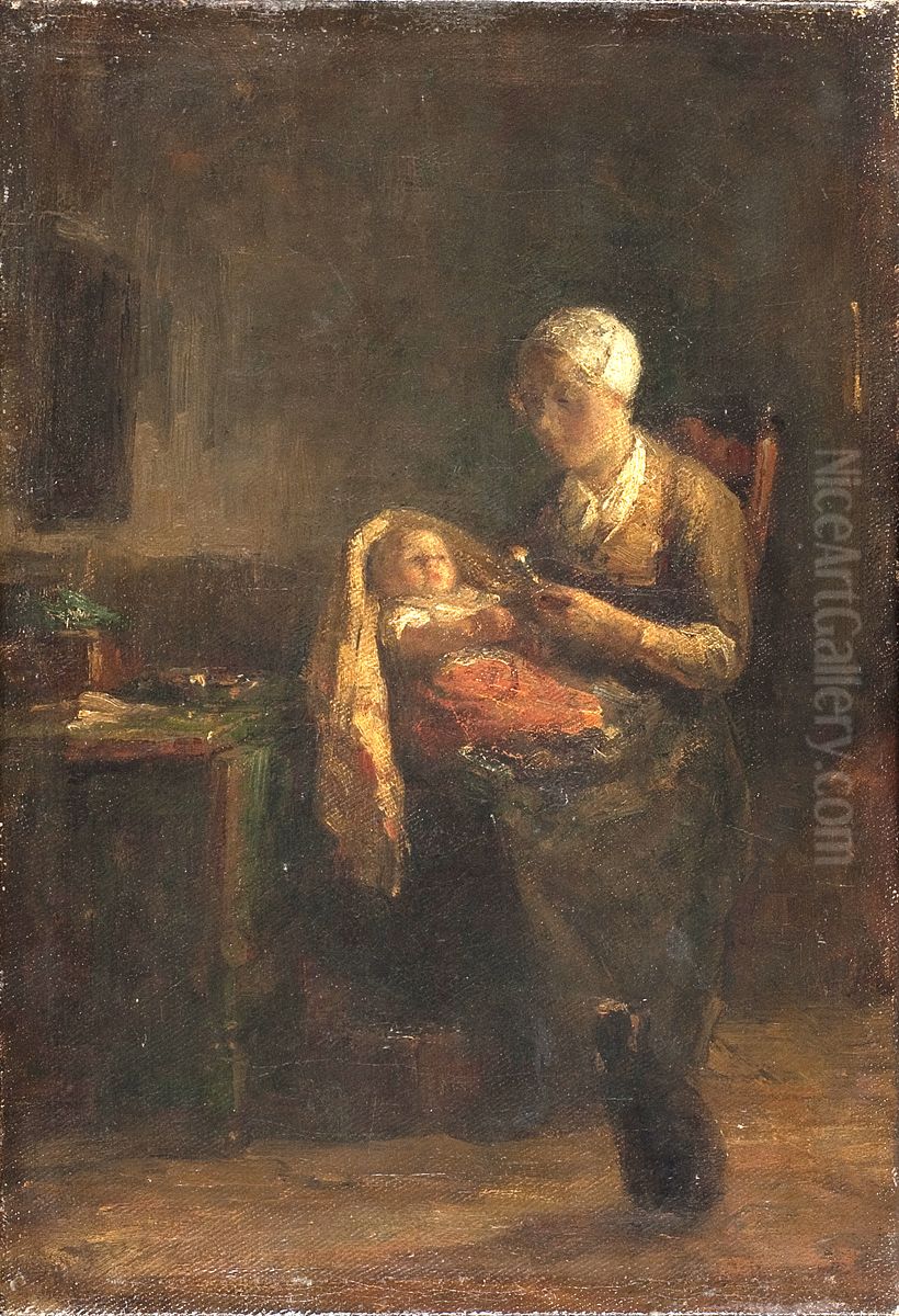Interieur met moeder en kind Oil Painting by Henricus Johannes Melis