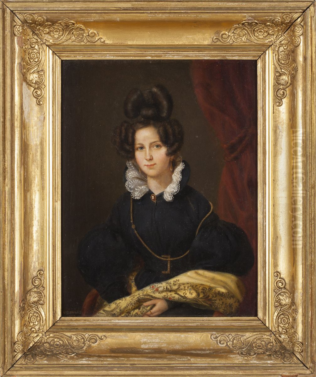 Henriette Jeanne Christine barones van Neukirchen genaamd Nyvenheim (1807-1849). Echtgenote van Jonkheer Nicolaas Johan Steengracht Oil Painting by Jan Baptist Van Der Hulst