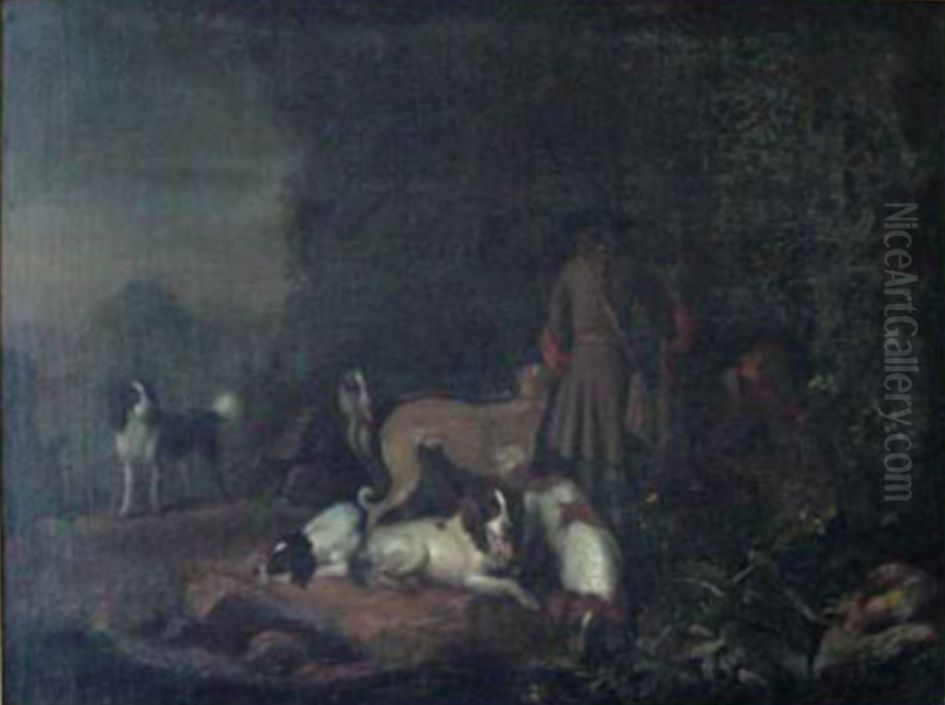 Jagers met honden Oil Painting by Adriaen Cornelisz Beeldemaker