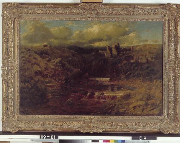 Hilly River Landscape with a Ruin Oil Painting by Edmund John Niemann