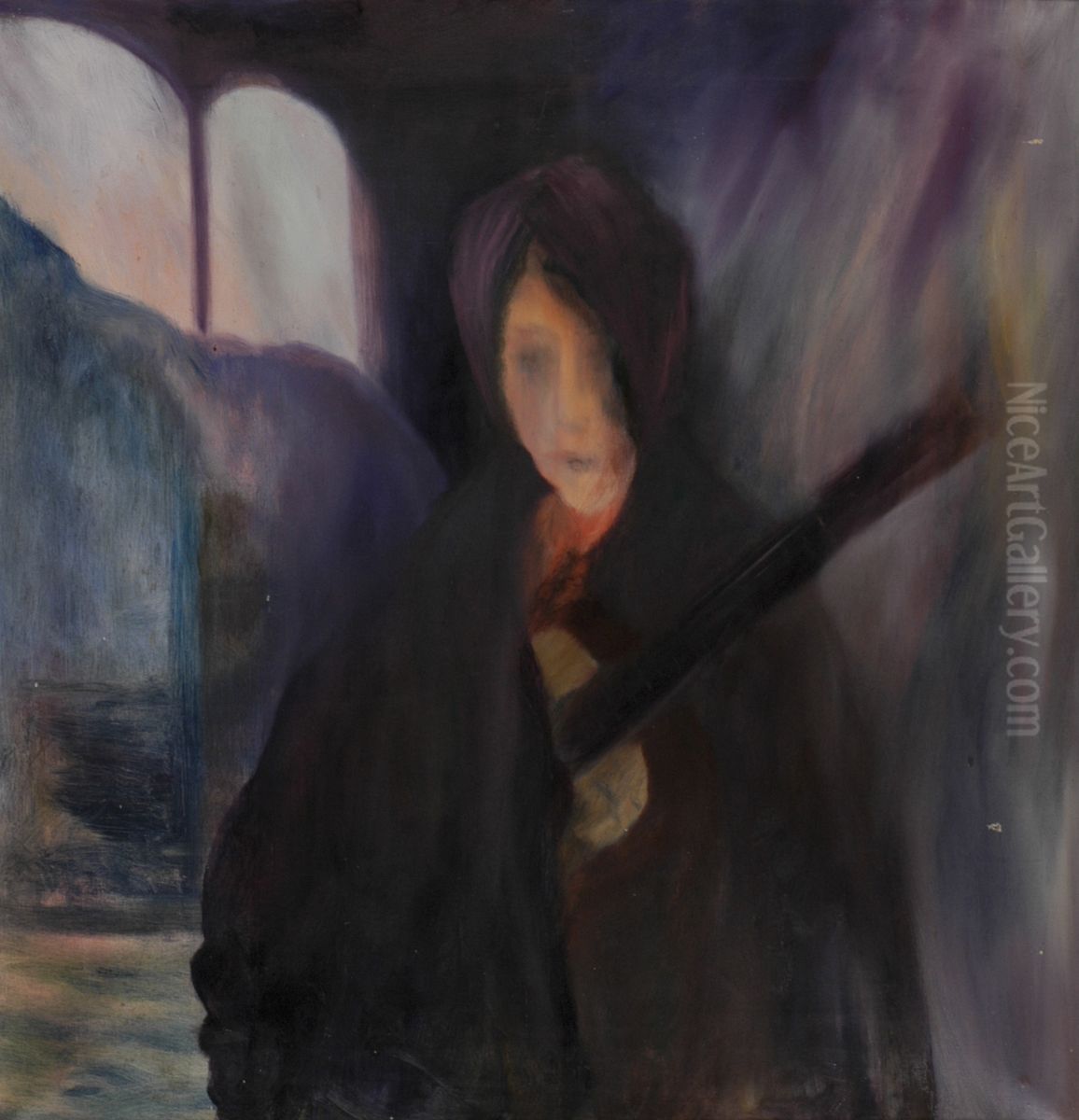 Figuur in cape met muziekinstr.?(levensfakkel?) Oil Painting by Karel Albert Schmidt