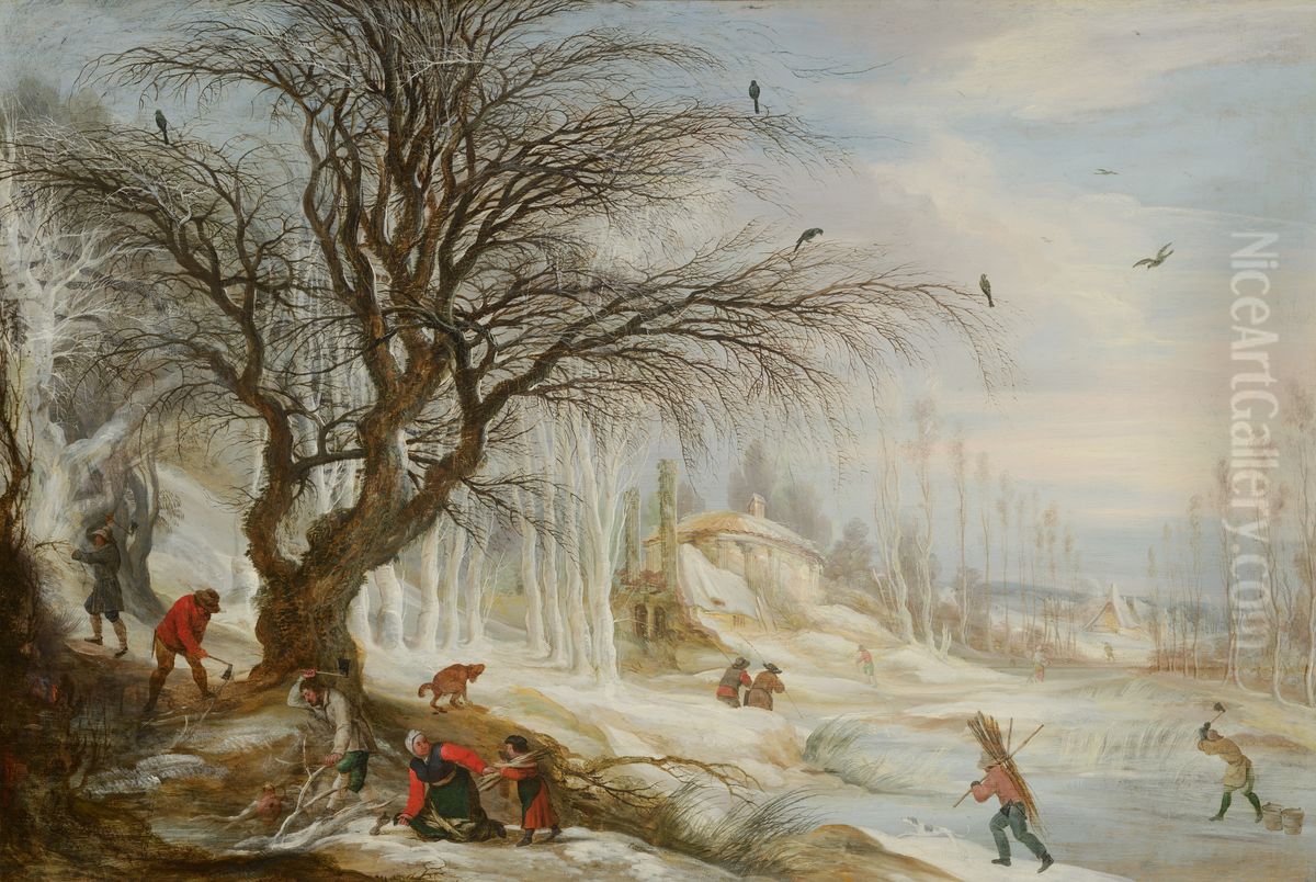 Winter Landscape with Wood Gatherers Oil Painting by Gijsbrecht Leytens