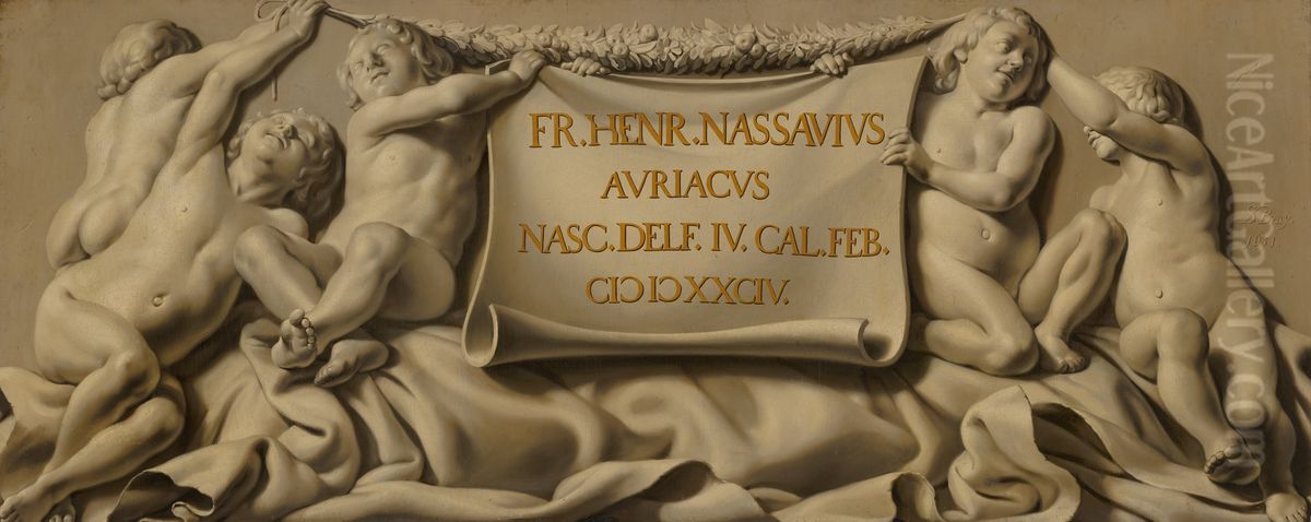 Putti Bearing a Cartouche with Stadholder Frederik Hendrik's Date of Birth Oil Painting by Salomon de Bray