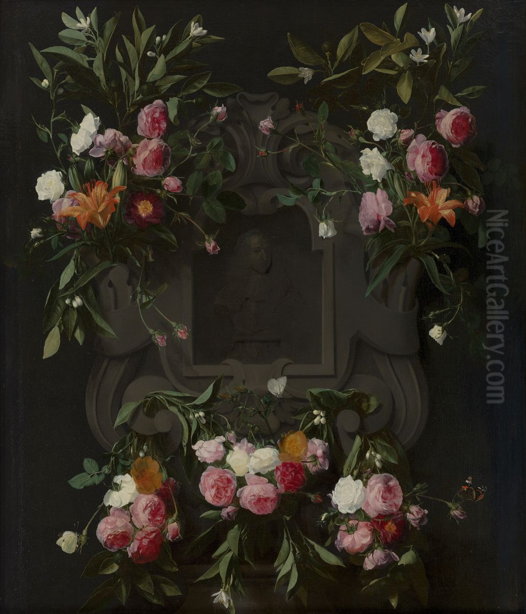 Floral cartouche around a bust of King Stadholder William III Oil Painting by Daniel Seghers