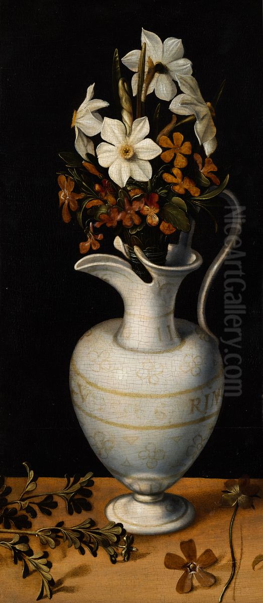 Narcissi, Periwinkle and Violets in a Ewer Oil Painting by Ludger Tom Ring the Younger