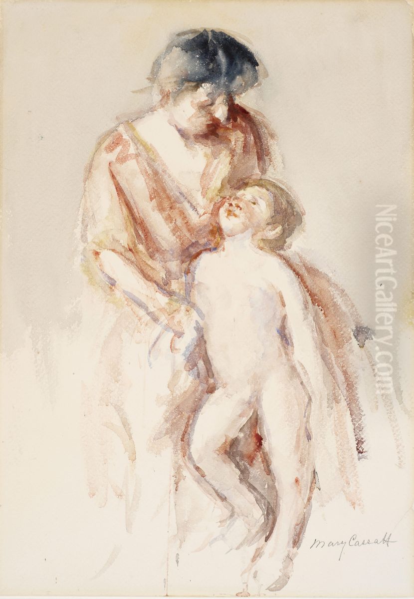Woman with Nude Boy at Her Left Oil Painting by Mary Cassatt