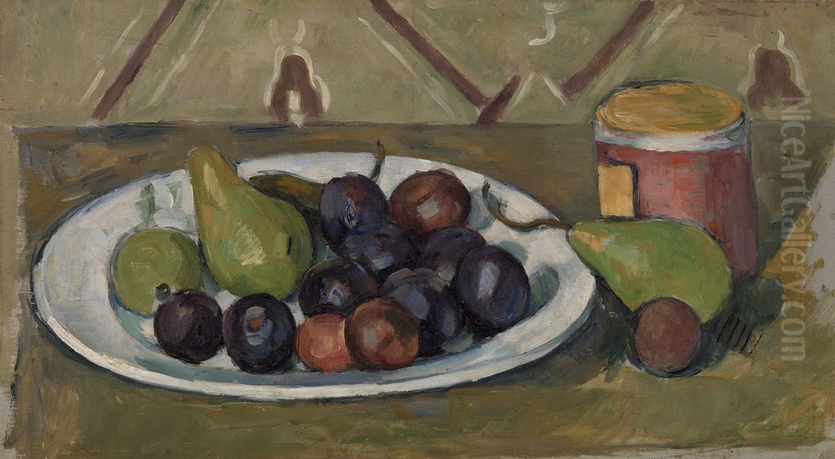 Plate with Fruit and Pot of Preserves (Assiette avec fruits et pot de conserves) Oil Painting by Paul Cezanne