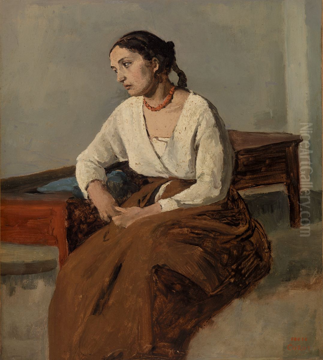 Melancholy Italian Woman (Rome) Oil Painting by Jean-Baptiste Camille Corot