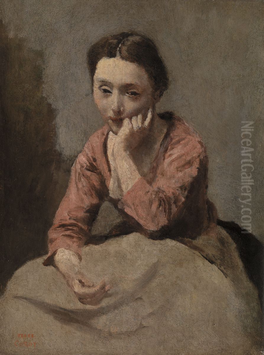 Pensive Young Woman (Jeune femme pensive) Oil Painting by Jean-Baptiste Camille Corot