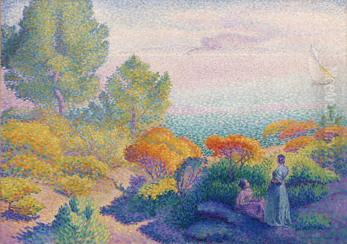 Two Women by the Shore, Mediterranean Oil Painting by Henri-Edmond Cross
