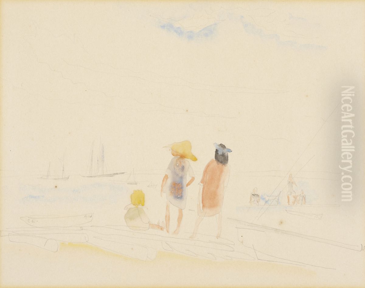 Two Women and Child on Beach Oil Painting by Charles Demuth