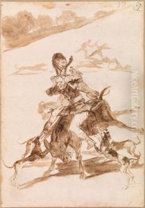 Dogs Chasing a Cat on a Man on a Donkey