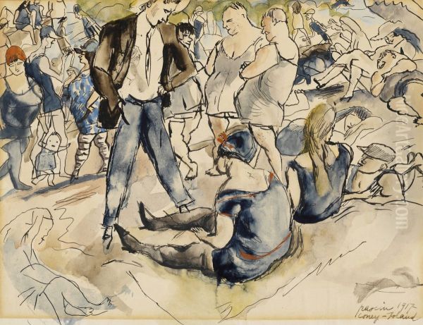 Figures on Beach, Coney Island Oil Painting by Jules Pascin