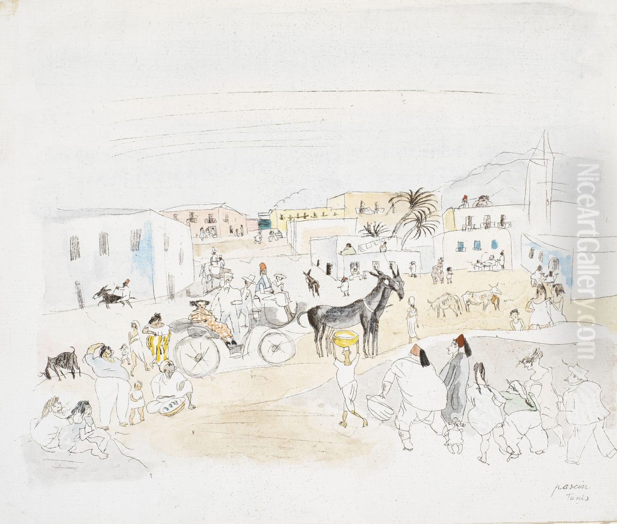 Landscape with Carriage and Figures, Tunis Oil Painting by Jules Pascin