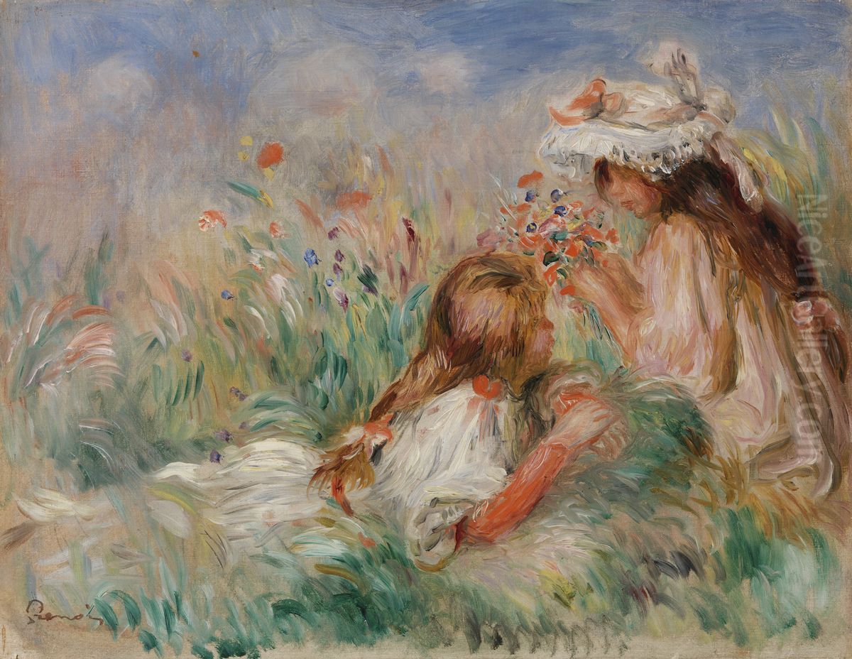 Girls in the Grass Arranging a Bouquet (Fillette couchee sur l'herbe et jeune fille arrangeant un bouquet) Oil Painting by Pierre Auguste Renoir