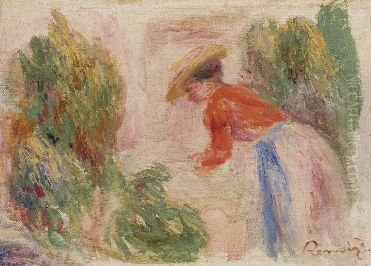 Woman Gathering Flowers (Femme cueillant des fleurs) Oil Painting by Pierre Auguste Renoir