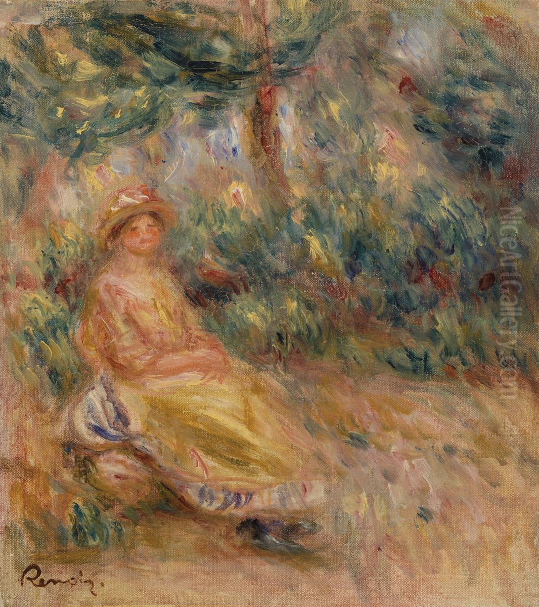 Woman in Pink and Yellow in a Landscape (Femme en rose et jaune dans un paysage) Oil Painting by Pierre Auguste Renoir
