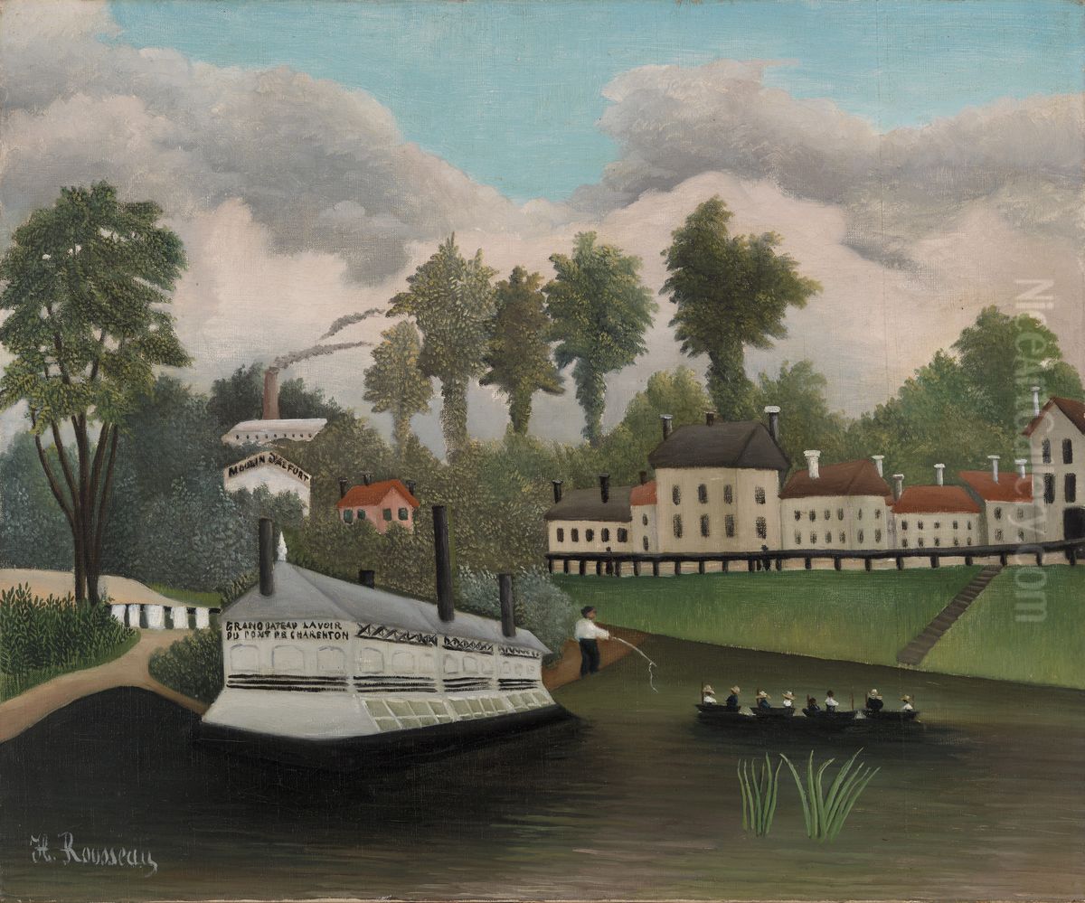 The Laundry Boat of Pont de Charenton (Le Bateau-lavoir du Pont de Charenton) Oil Painting by Henri Julien Rousseau