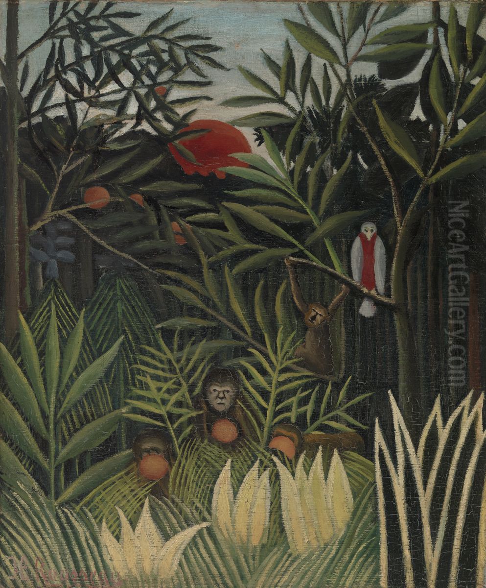 Monkeys and Parrot in the Virgin Forest (Singes et perroquet dans la foret vierge) Oil Painting by Henri Julien Rousseau