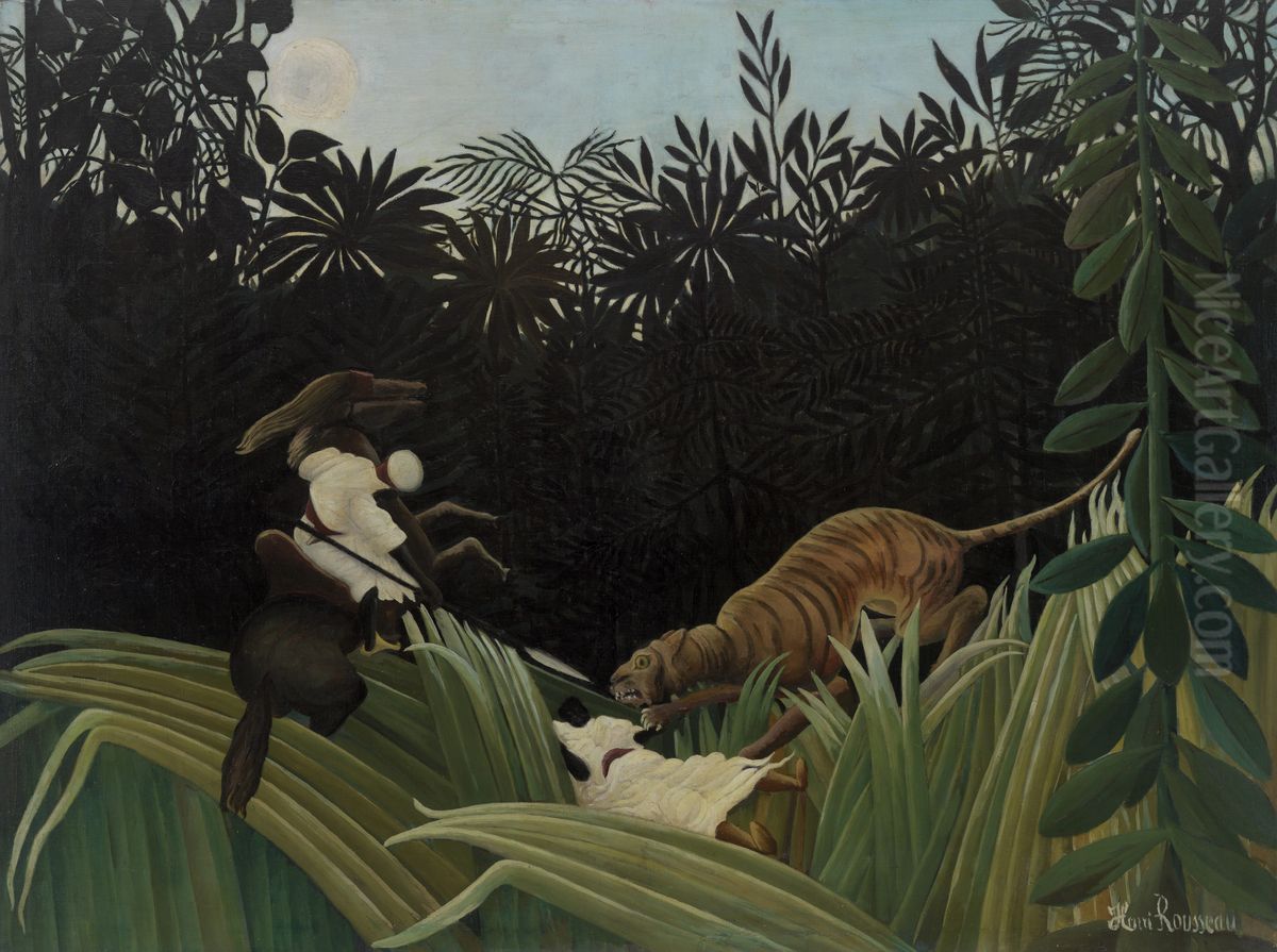 Scouts Attacked by a Tiger (Eclaireurs attaques par un tigre) Oil Painting by Henri Julien Rousseau