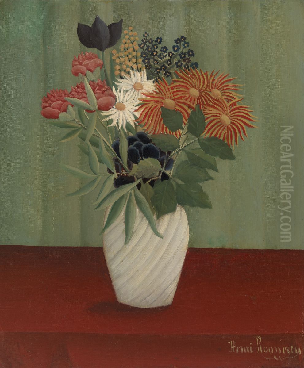 Bouquet of Flowers with China Asters and Tokyos (Bouquet de fleurs aux reines-marguerites et aux tokyos) Oil Painting by Henri Julien Rousseau